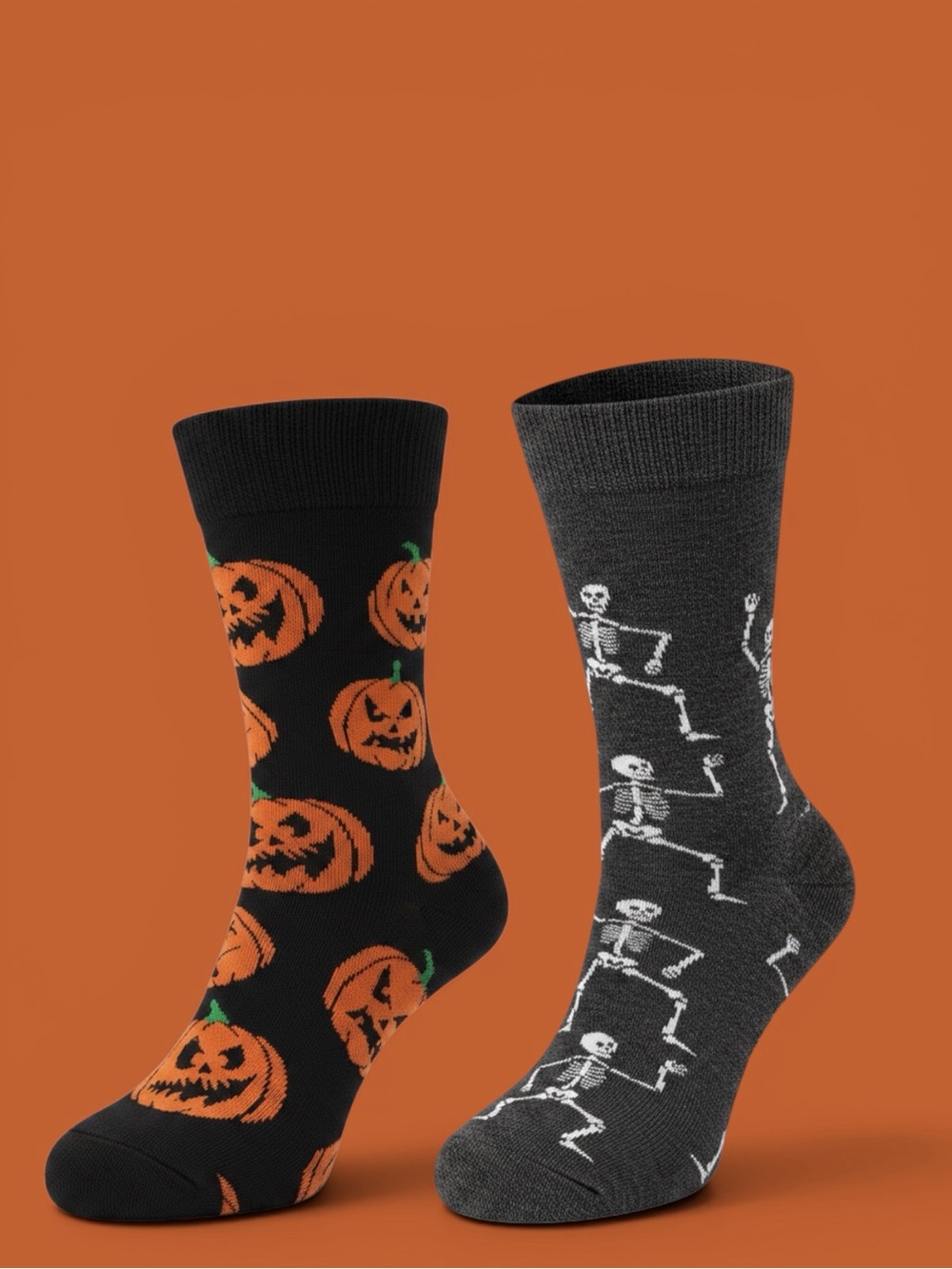 Big & Tall Halloween Jack-O'-Lantern and Skeleton Crew Socks - Mens.